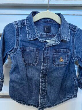 Baby GAP Denim Button-Up Blouse with Bear Detail | 6-12M